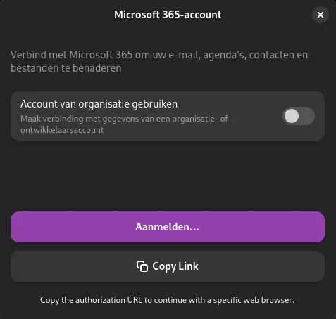 Het inlogscherm voor een Microsoft 365-account in GNOME, met de knop Aanmelden