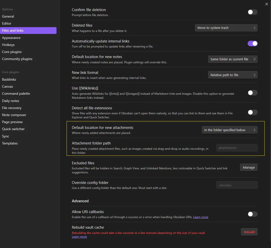 De instellingen van Obsidian bij Files and links, met de map voor bijlagen gemarkeerd